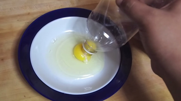 You can easily separate egg yolks from egg whites using a plastic bottle.